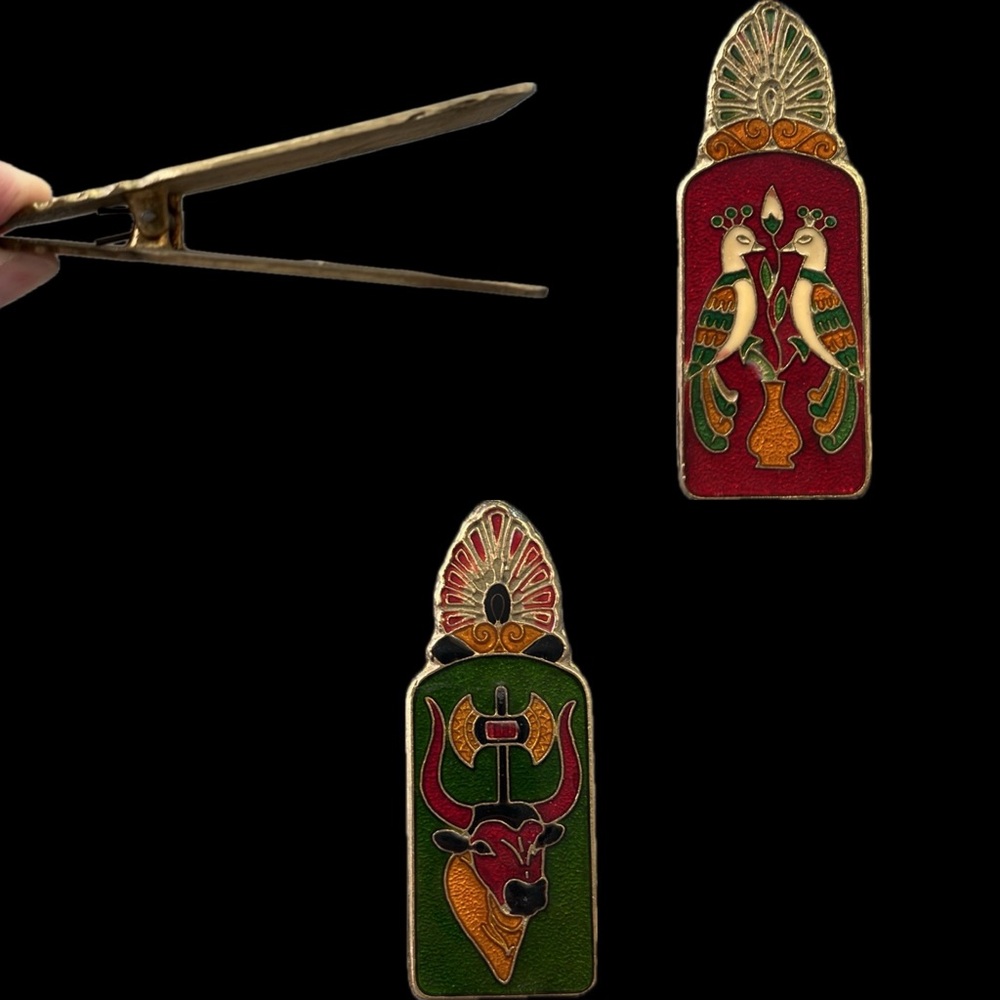 🐂🦚Peacock/Bull Vintage Brass & Enamel Cloisonné Mail Clip/Paper Clip/Desk Clip - Picture 3 of 17